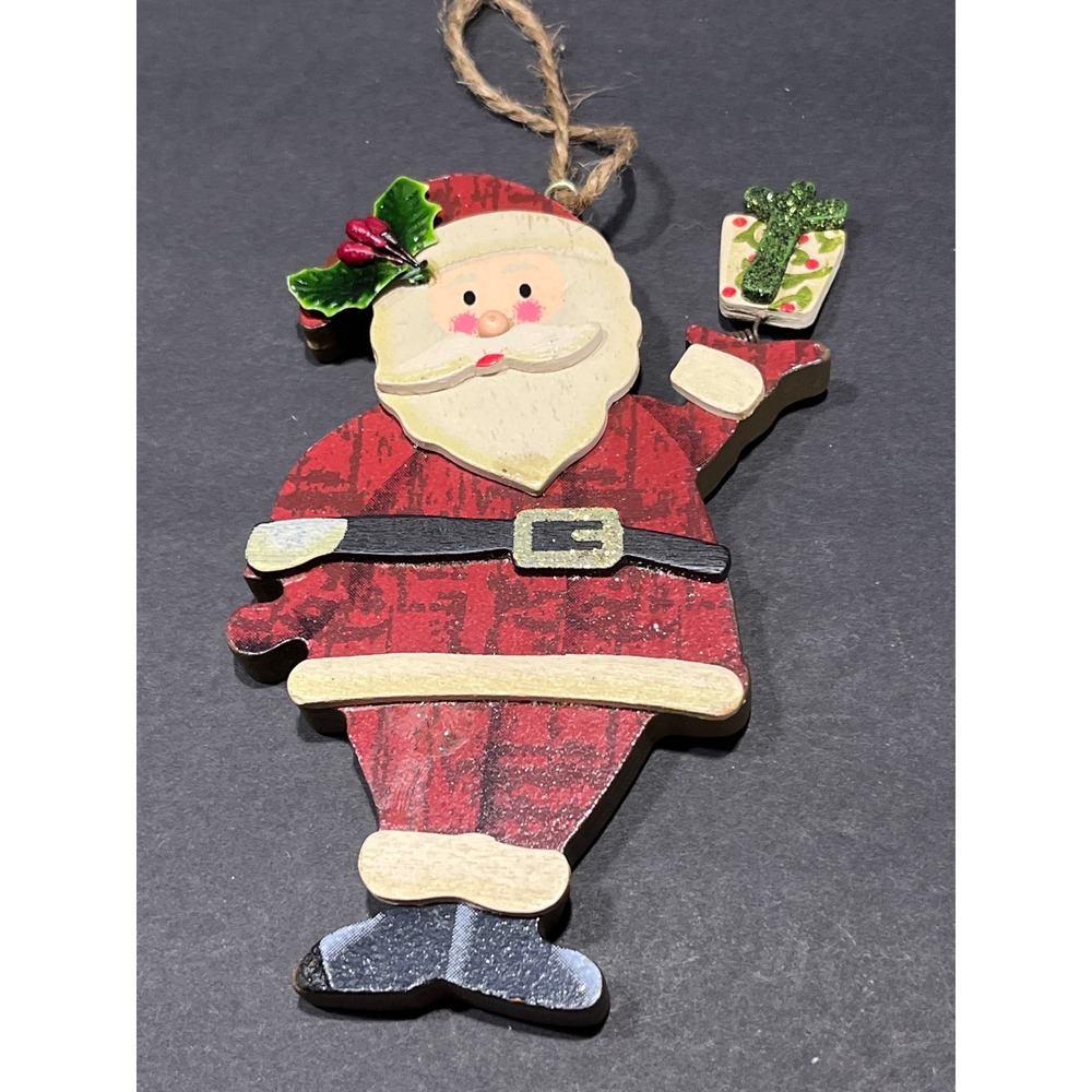 Hui Zhou Jin Yuan Wooden Santa Claus Christmas Ornament Red Plaid Bobble Gift